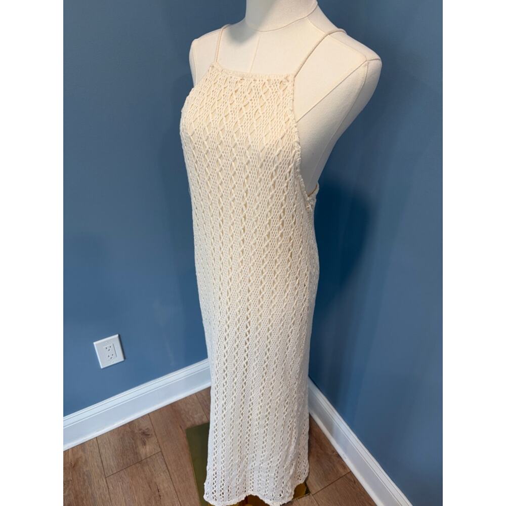 Zara Cream Crochet Knit Maxi Dress M Resort Beach Cover Up Boho Minimalist NWOT